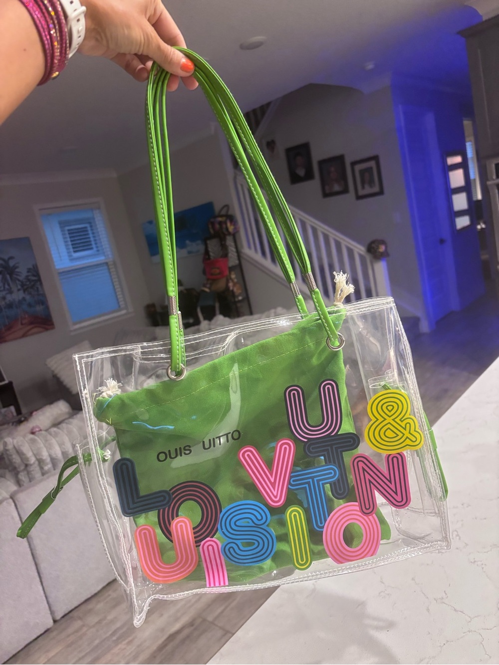Inspired Clear Tote Bag with Neon Green Trim and Multicolor Lettering